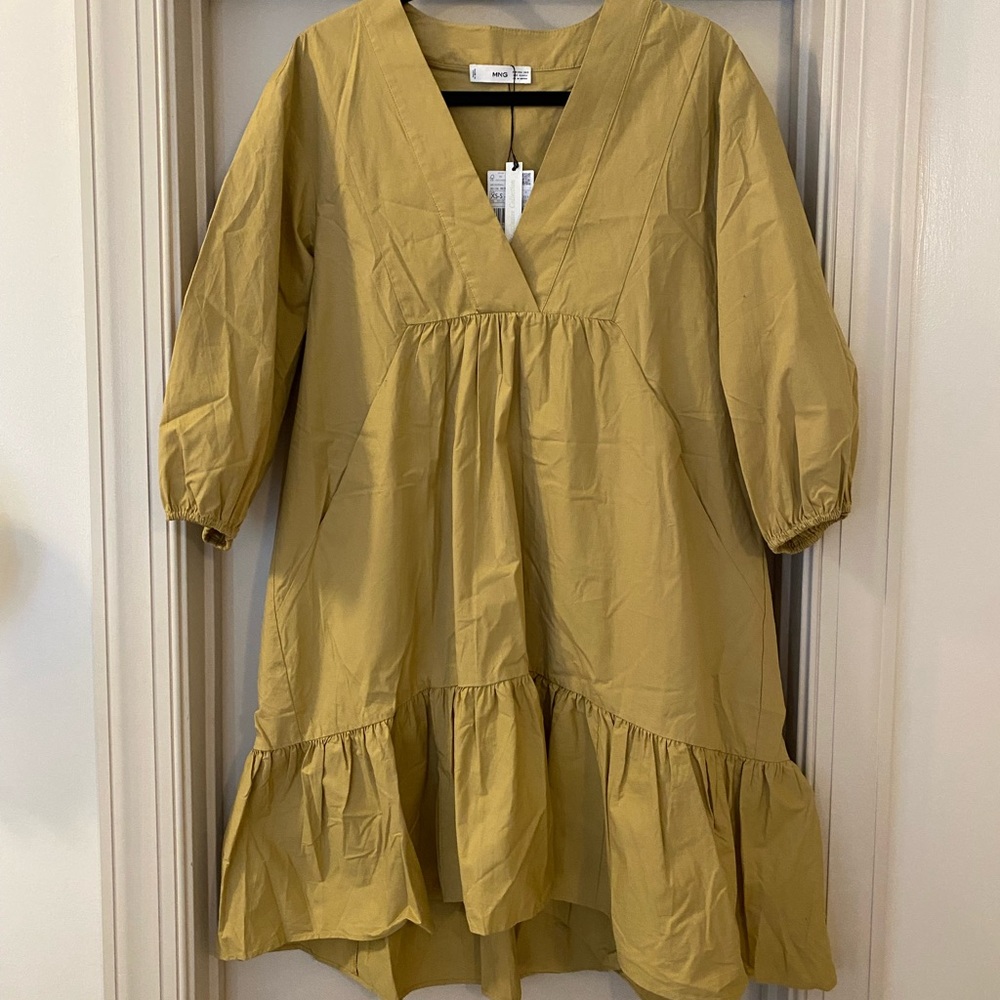 NWT Mango XS/ S Tan Mini Babydoll Oversized Dress with Balloon 3/4 sleeves